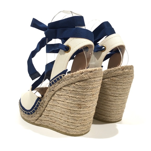 GUCCI GG RIBBON TIE WEDGE ESPADRILLES -WHITE /NAVY -US 8.5 -NEW - Picture 6 of 10